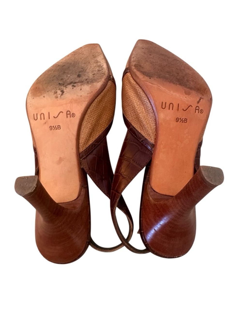 Unisa Tan Raffia and Brown Leather Croc-like Pointed Slingback Heels Size 9 1/2 - Picture 4 of 7